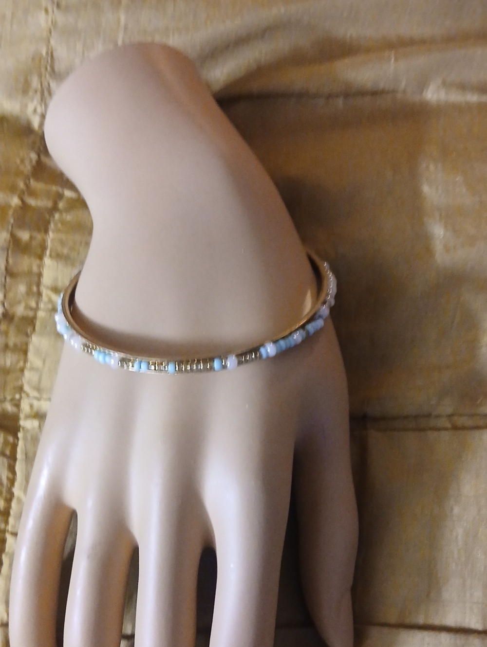 Gold Tone Bracelet with White and Light Blue Beads